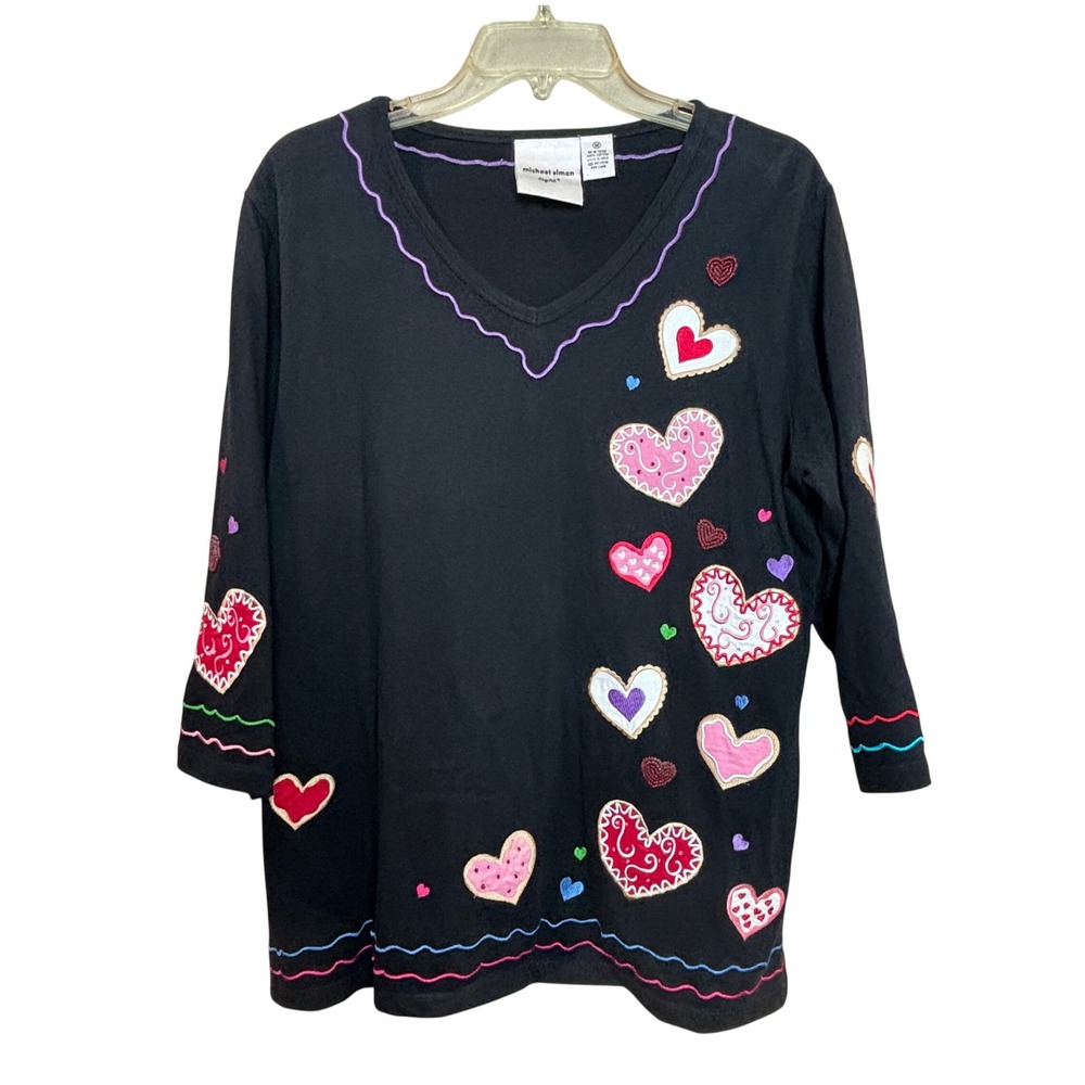Michael Simon Heart Applique Top Women Medium Black Beaded Embroidered V-Neck